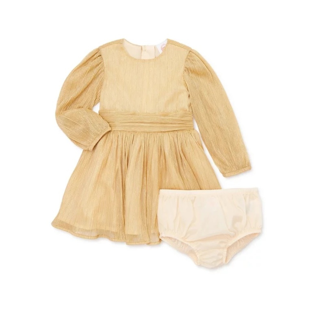 GIRLS GOLD SHIMMER LONG SLEEVE HOLIDAY DRESS